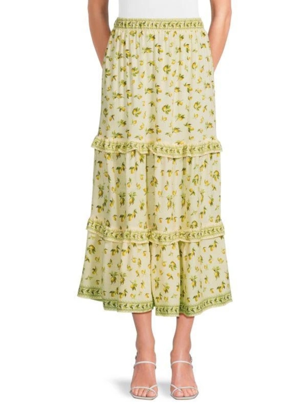 Max Studio Women’s Lemon Print Tiered Midi Skirt Ruffle Smocked Waist NWT Size L